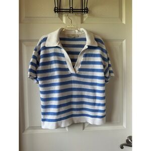 LOFT Blue Striped Knit Top Short Sleeve Collared Crochet Shirt‎